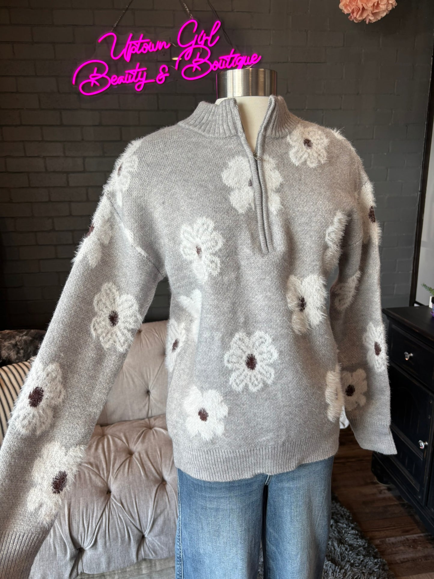 Jensen Floral Zip-Up Sweater - Grey