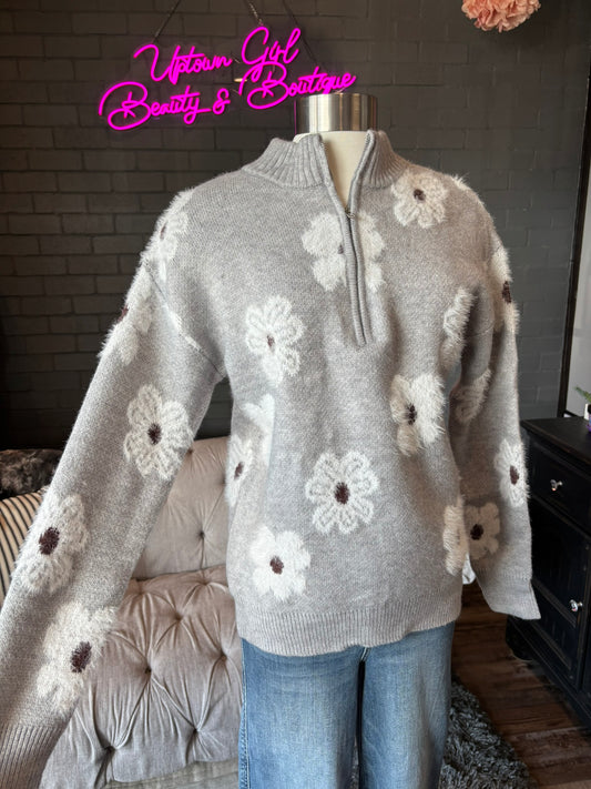 Jensen Floral Zip-Up Sweater - Grey