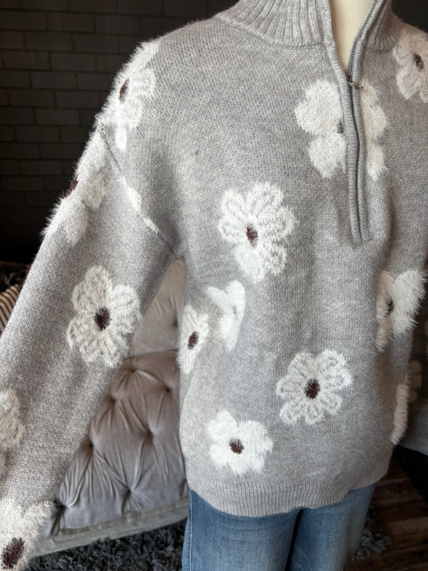 Jensen Floral Zip-Up Sweater - Grey