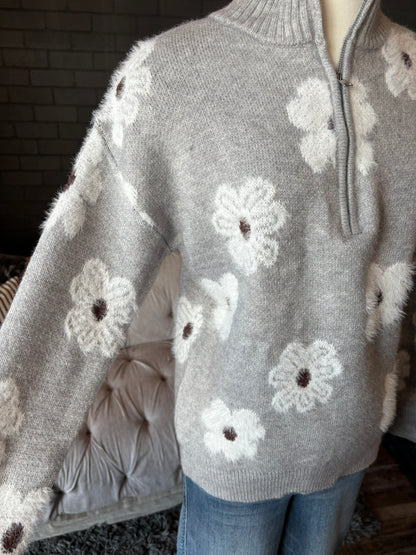 Jensen Floral Zip-Up Sweater - Grey