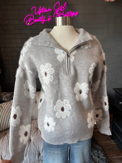 Jensen Floral Zip-Up Sweater - Grey