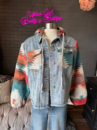 Arabella Aztec Frayed Denim Jacket