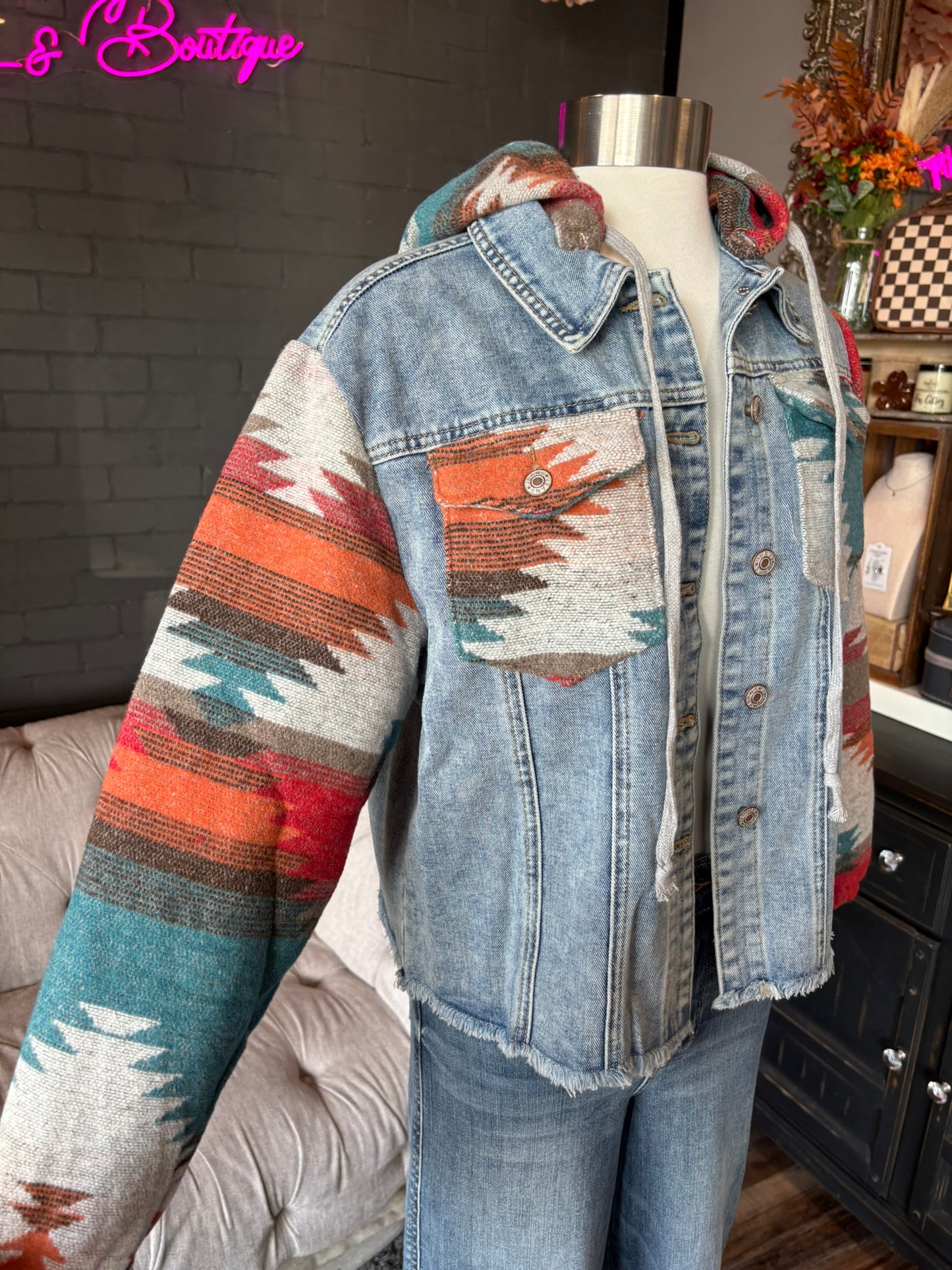 Arabella Aztec Frayed Denim Jacket