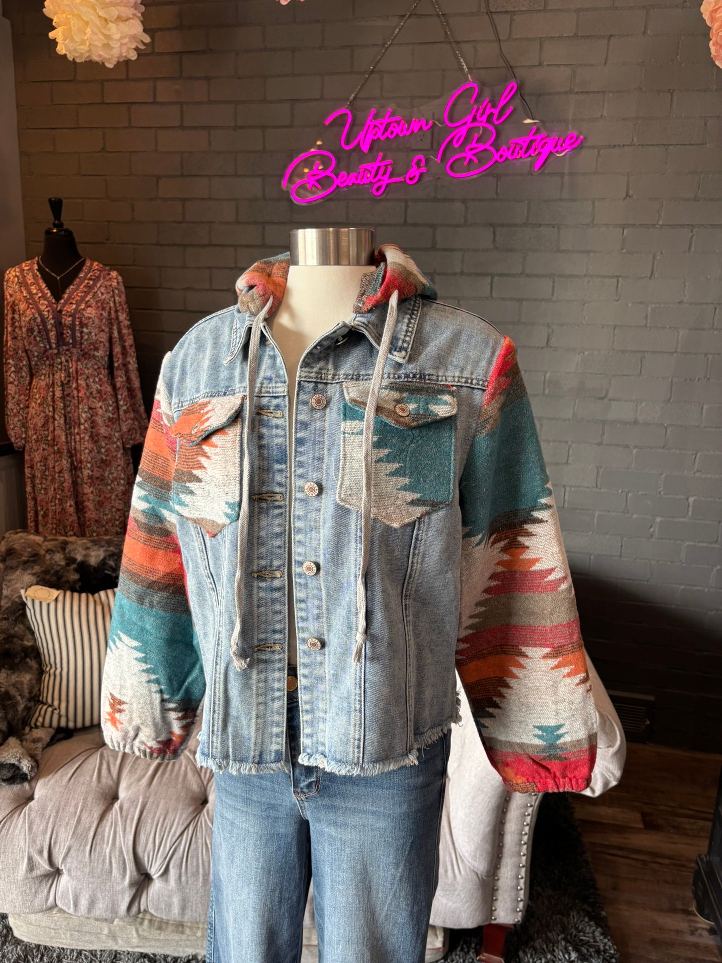 Arabella Aztec Frayed Denim Jacket