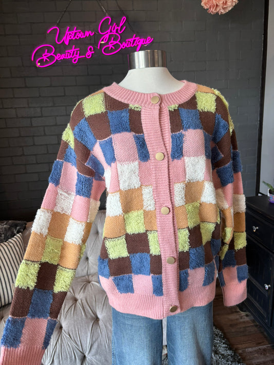 Rita Plush Checkerboard Cardigan