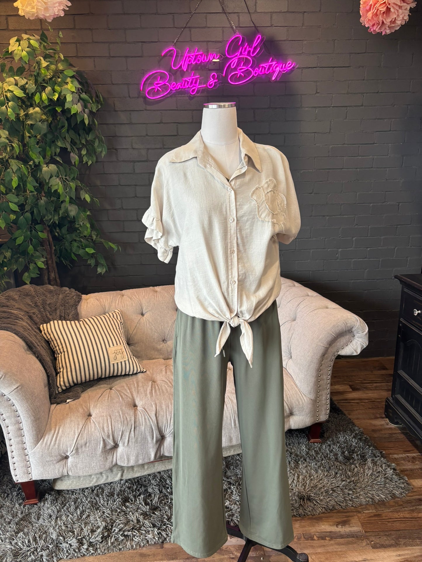 Maria Floral Tie Top - Beige