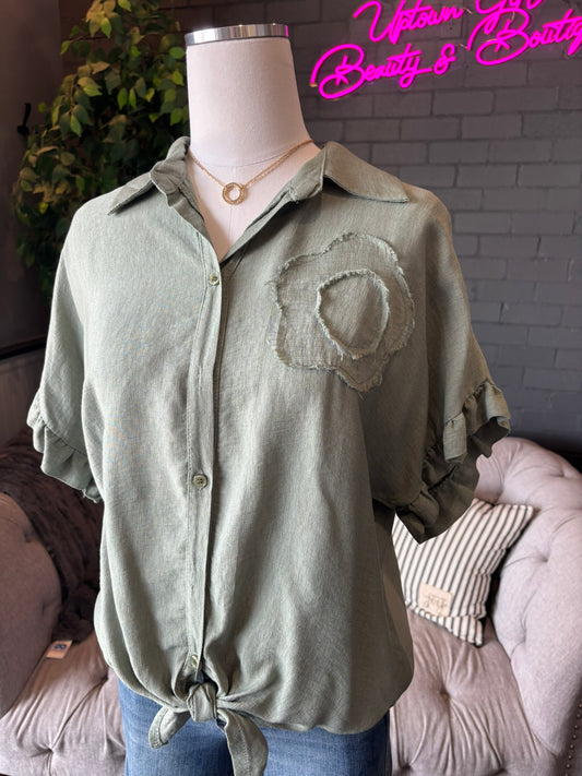 Maria Floral Tie Top - Sage