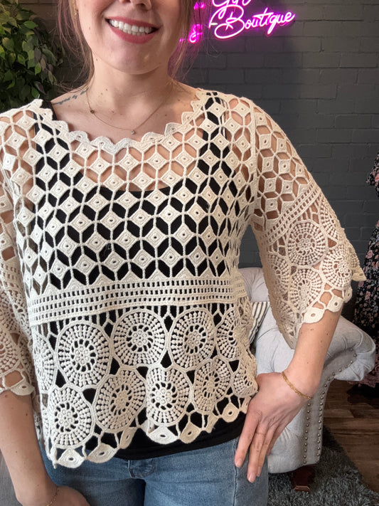 Kelsea Lace Crochet Pullover - Beige