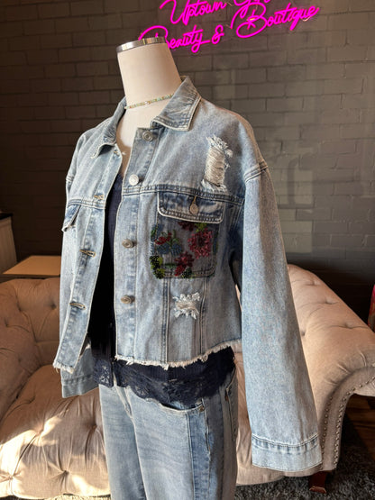 Margot Denim Jacket w/ Floral Lace
