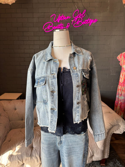 Margot Denim Jacket w/ Floral Lace