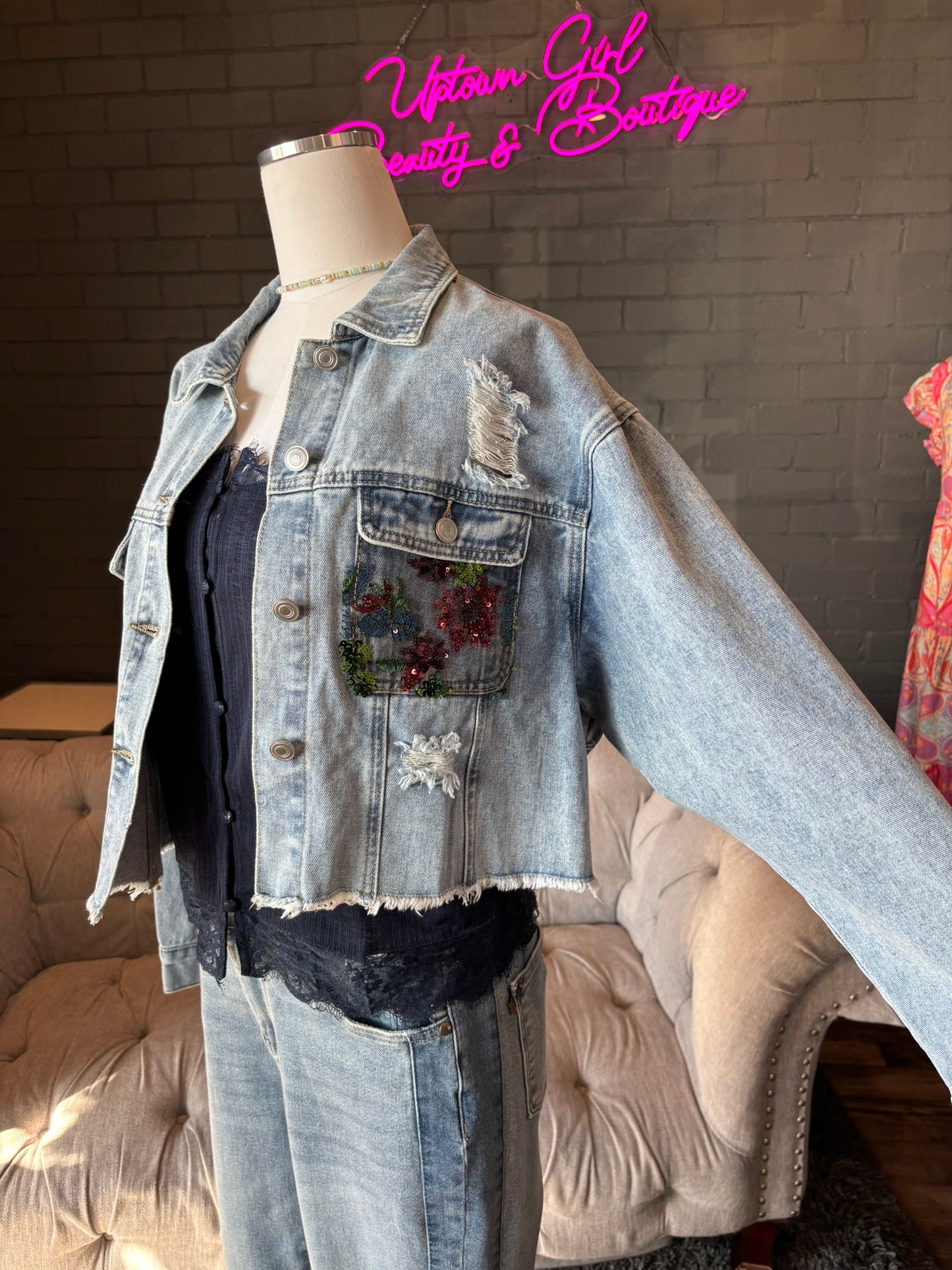 Margot Denim Jacket w/ Floral Lace