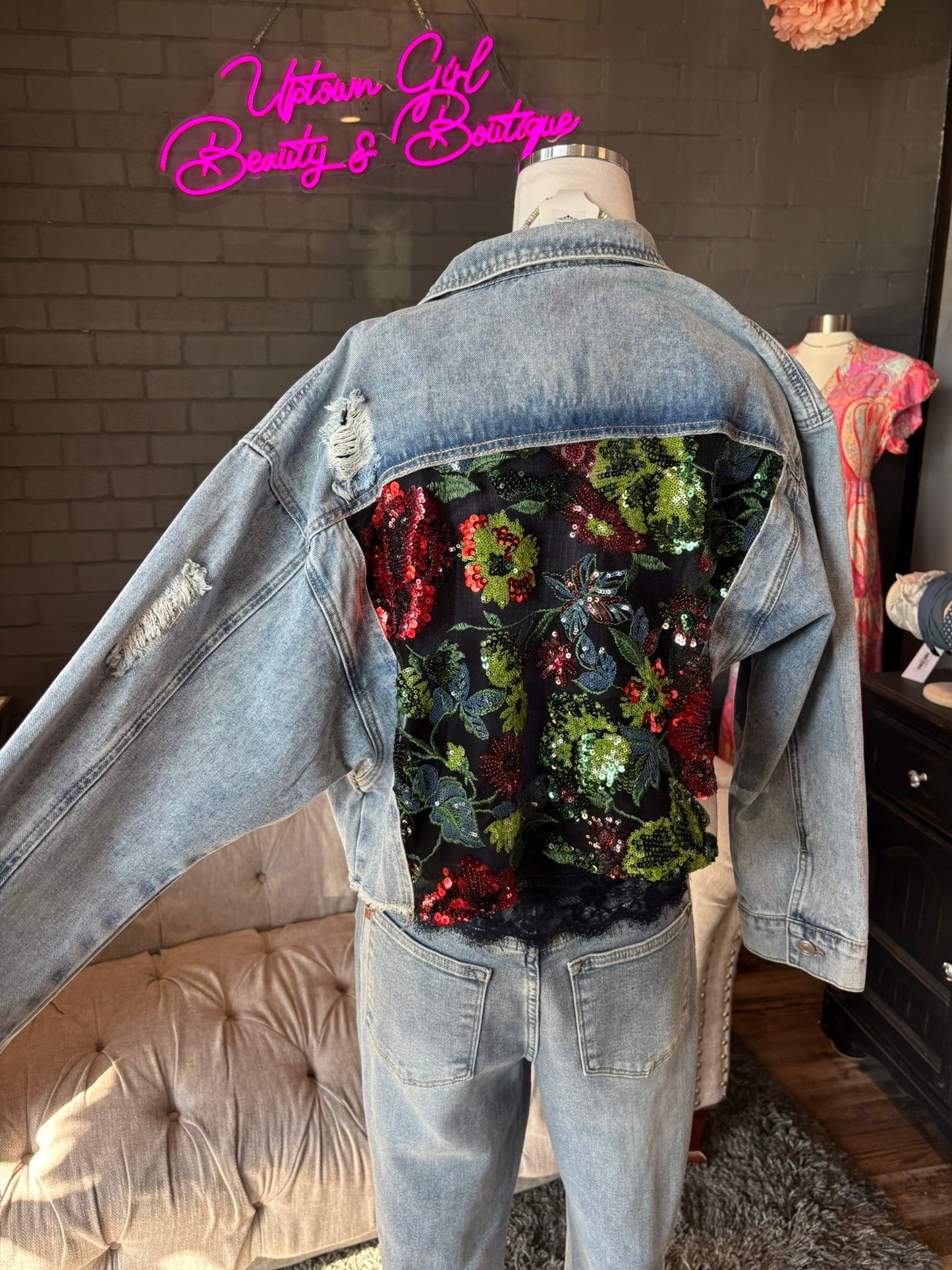 Margot Denim Jacket w/ Floral Lace