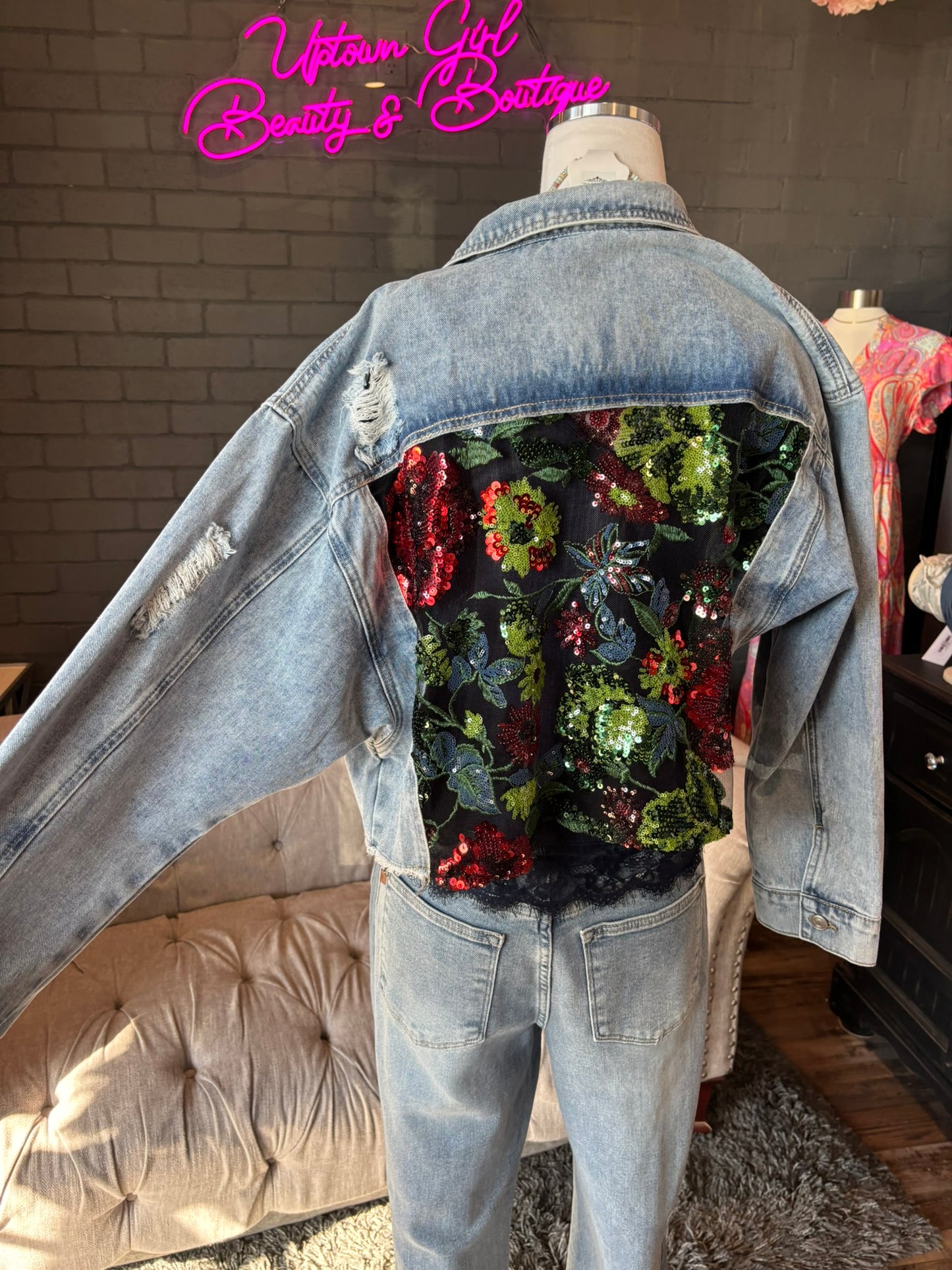 Margot Denim Jacket w/ Floral Lace