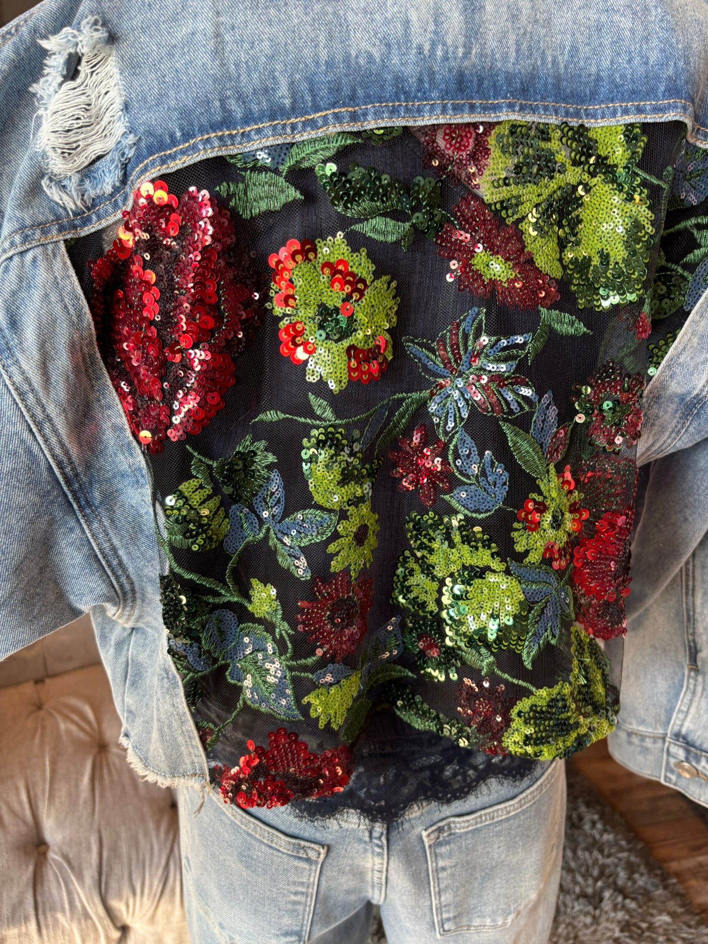 Margot Denim Jacket w/ Floral Lace