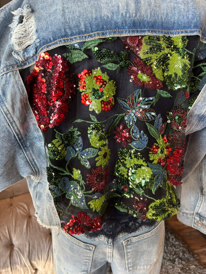 Margot Denim Jacket w/ Floral Lace