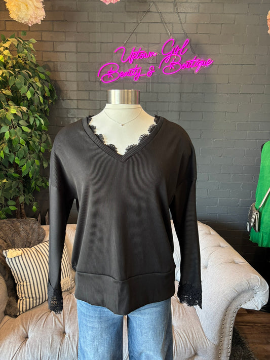 Avery Lace Trim Tee - Black
