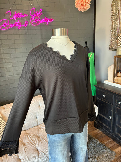 Avery Lace Trim Tee - Black
