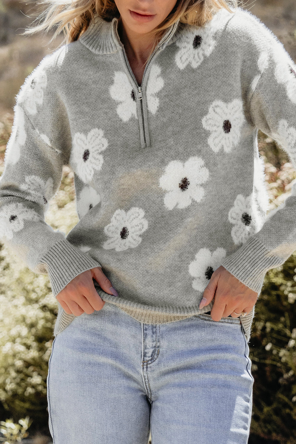 Jensen Floral Zip-Up Sweater - Grey