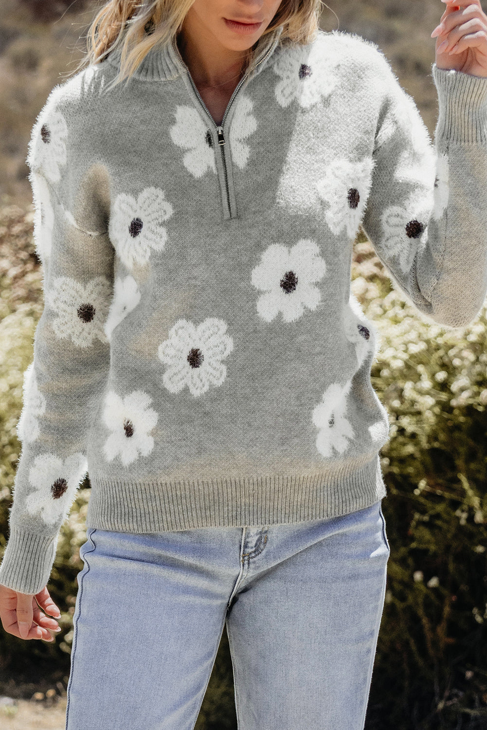 Jensen Floral Zip-Up Sweater - Grey