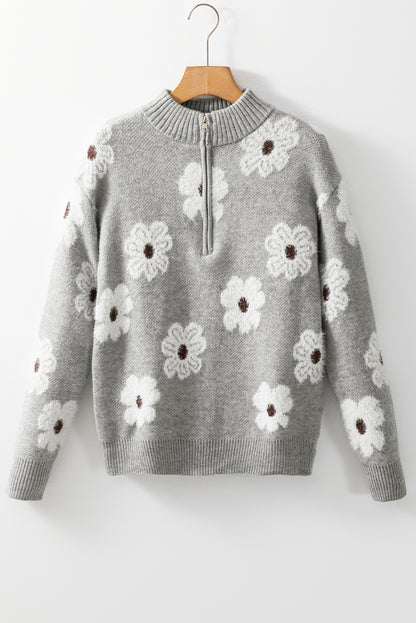 Jensen Floral Zip-Up Sweater - Grey