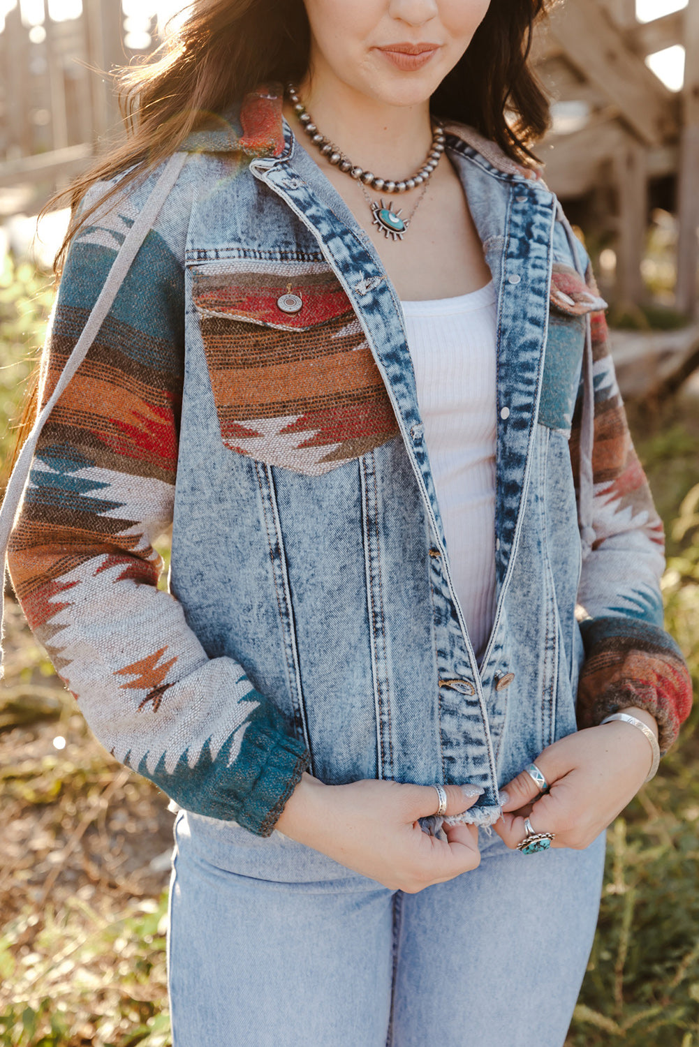 Arabella Aztec Frayed Denim Jacket