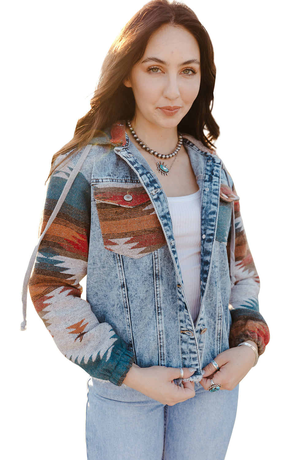 Arabella Aztec Frayed Denim Jacket