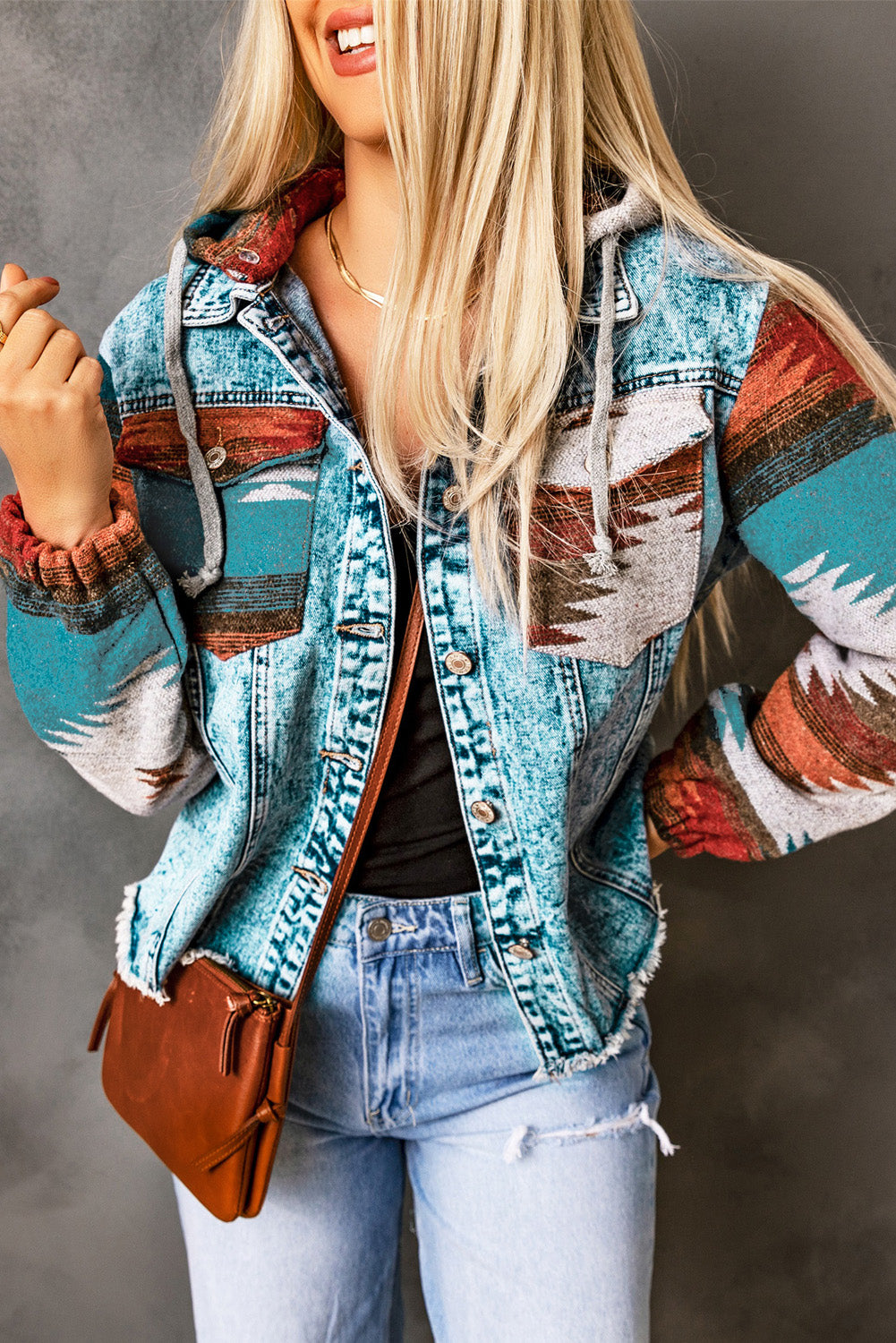 Arabella Aztec Frayed Denim Jacket