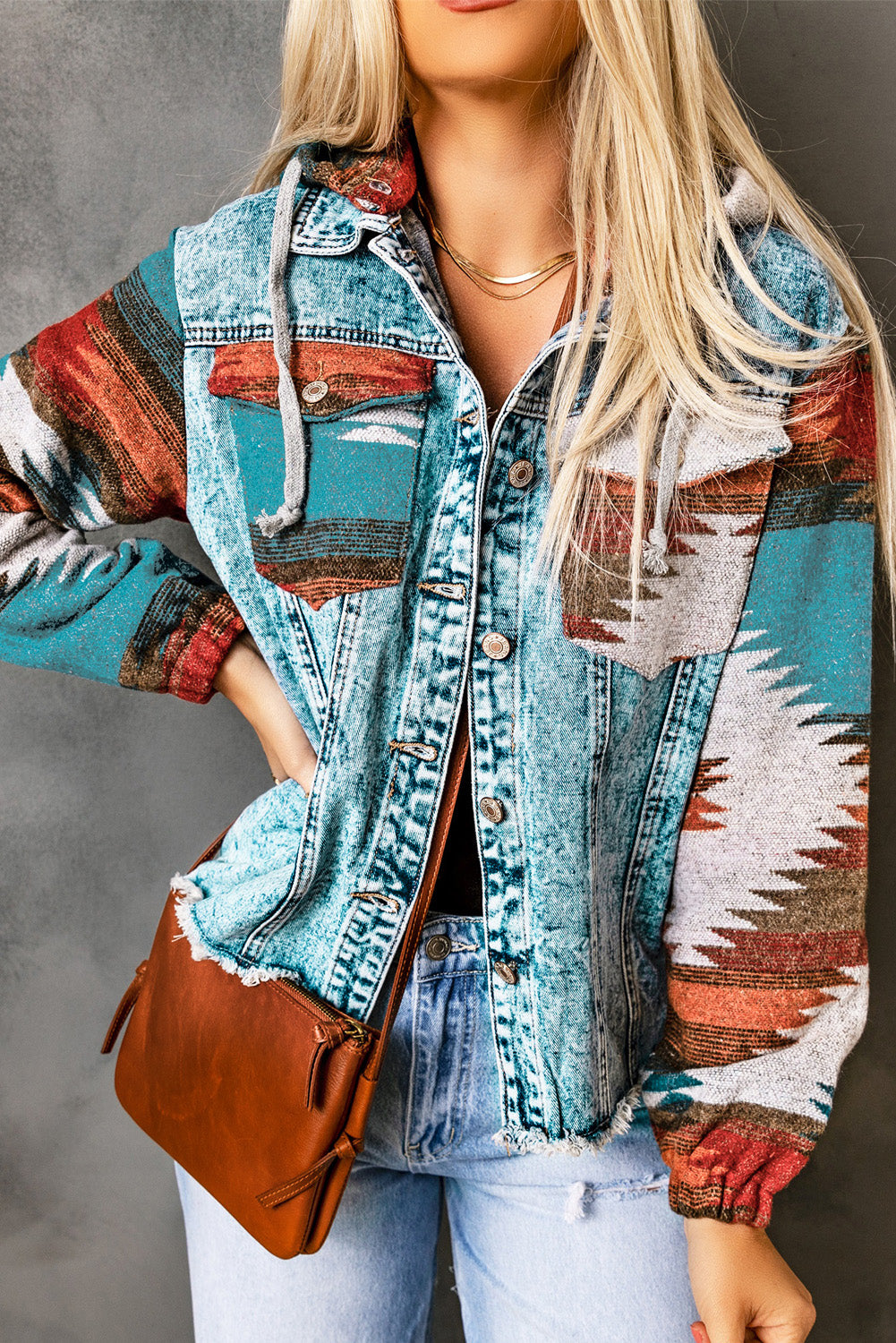 Arabella Aztec Frayed Denim Jacket
