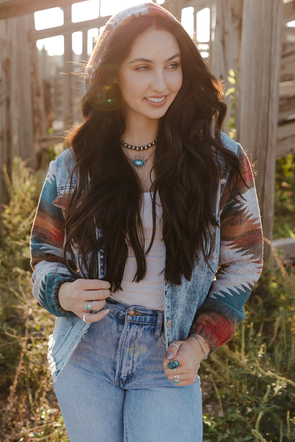 Arabella Aztec Frayed Denim Jacket