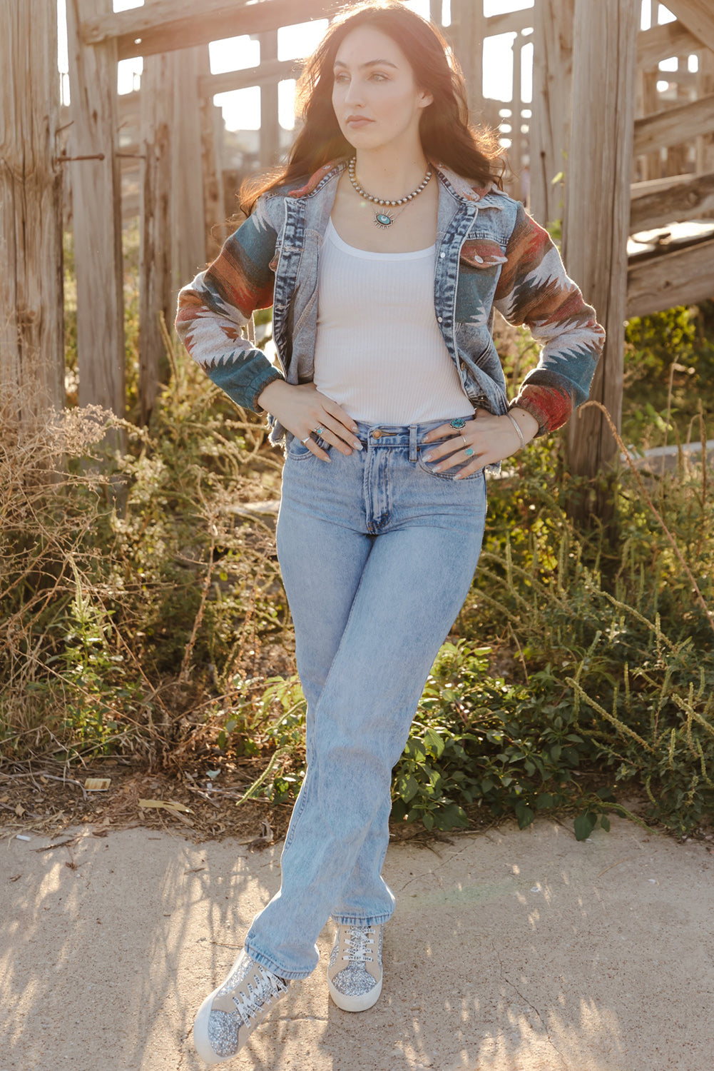 Arabella Aztec Frayed Denim Jacket