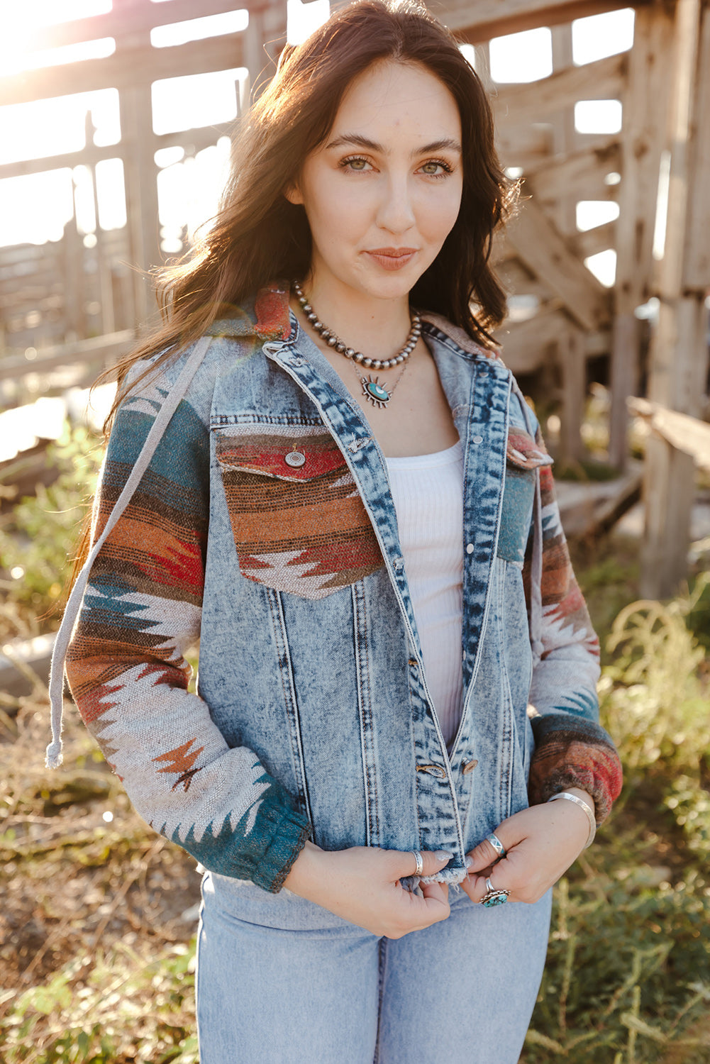 Arabella Aztec Frayed Denim Jacket