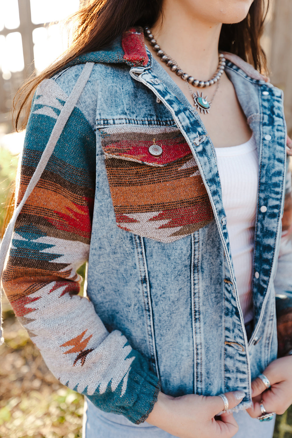 Arabella Aztec Frayed Denim Jacket