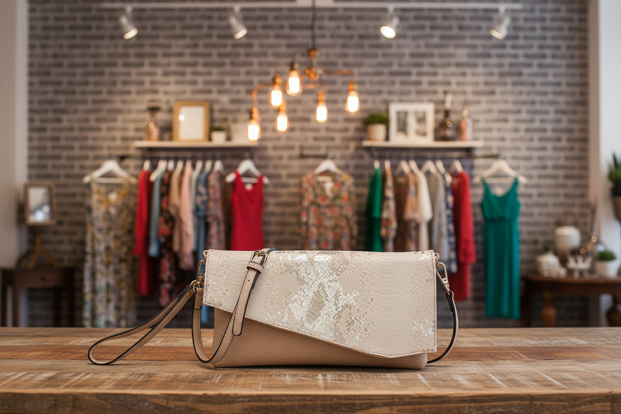 Beige handbag with lace detailing on a white background