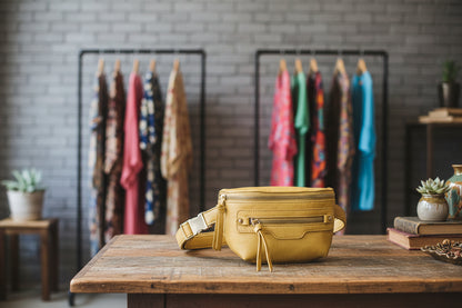 Yellow waist bag with zippers on a white background