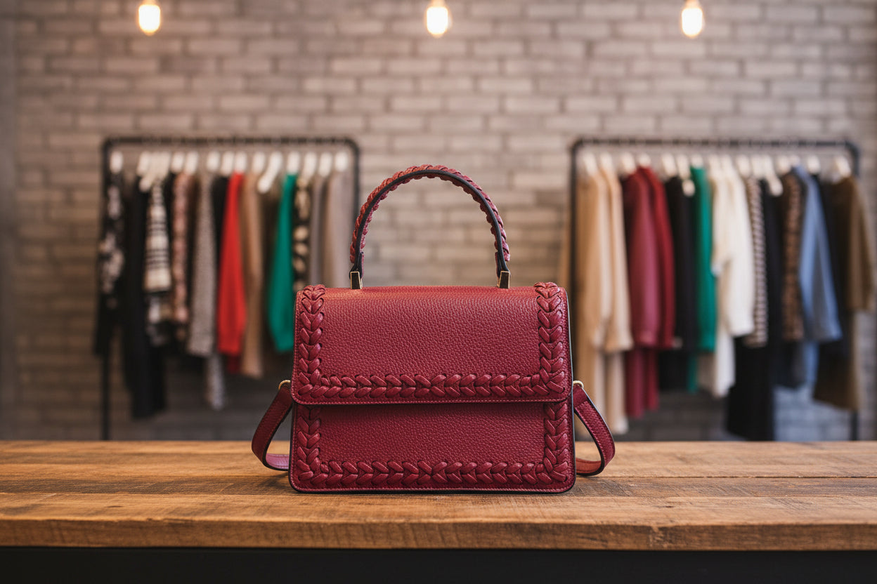 Red handbag with braided handle and strap on a white background