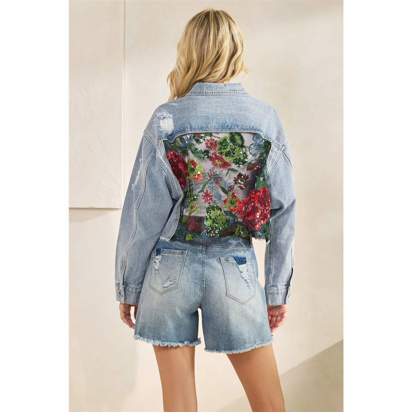 Margot Denim Jacket w/ Floral Lace
