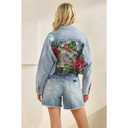 Margot Denim Jacket w/ Floral Lace