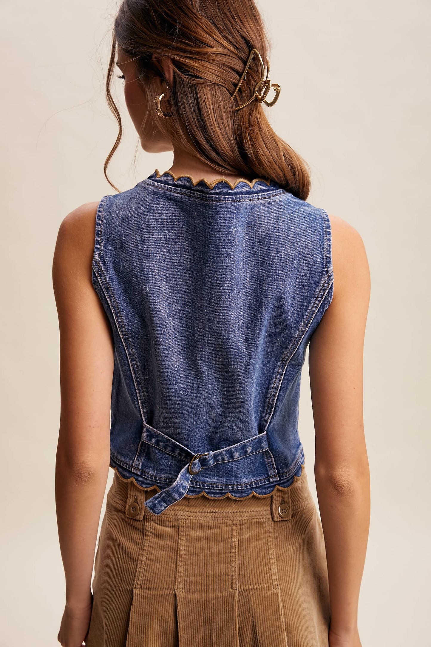 Ella Scallop Trim Stretch Denim Vest