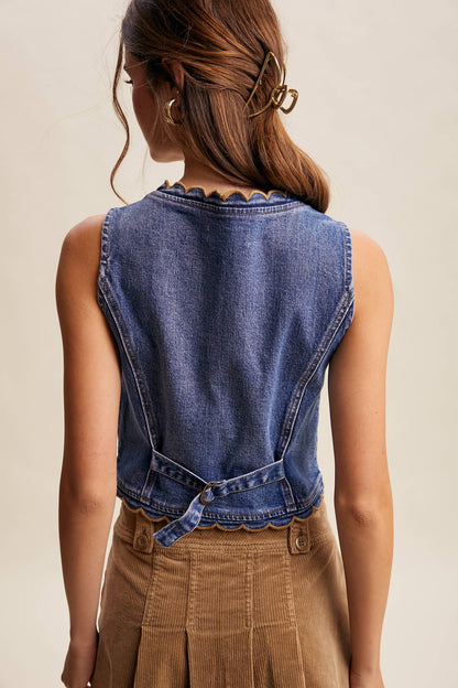 Ella Scallop Trim Stretch Denim Vest