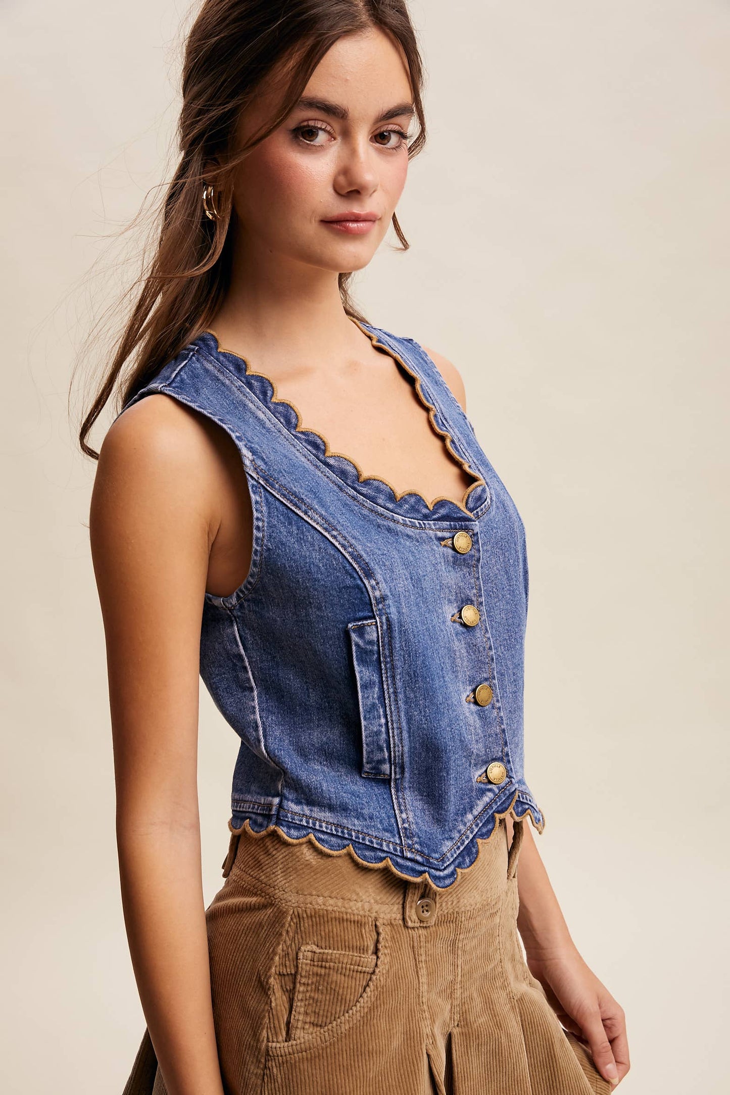 Ella Scallop Trim Stretch Denim Vest