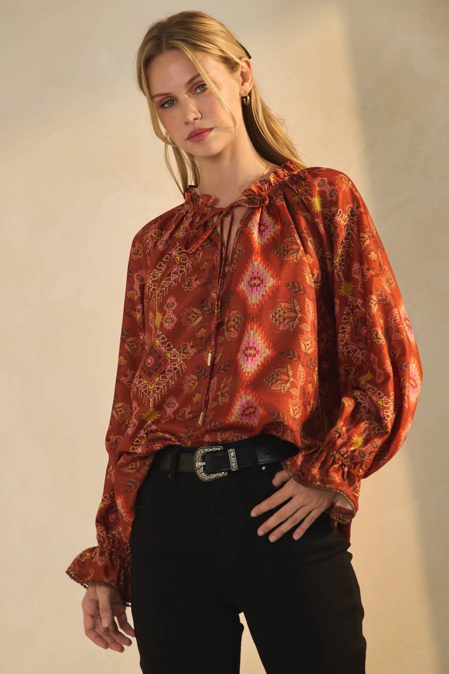Mari Aztec Print Satin Blouse