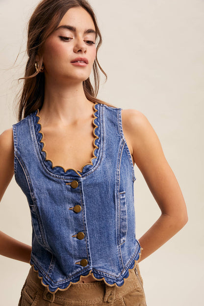 Ella Scallop Trim Stretch Denim Vest