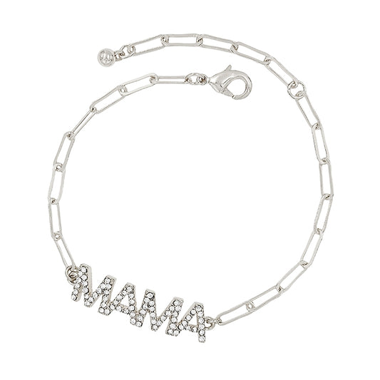 Silver Chain with Rhinestone Mama 7.5"-8" Bracelet